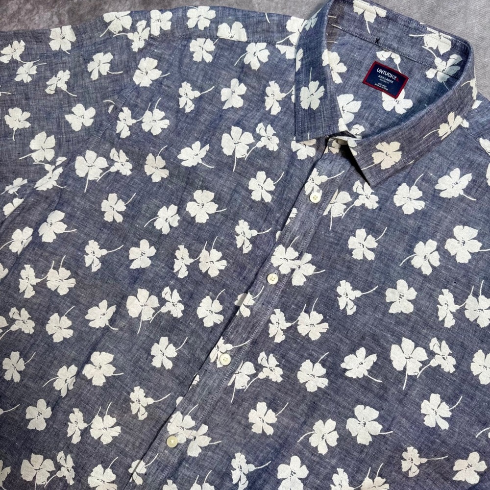 UNTUCKit Bonner SS Blue White Floral 100% Linen Shirt Relaxed Fit 3XL 41846